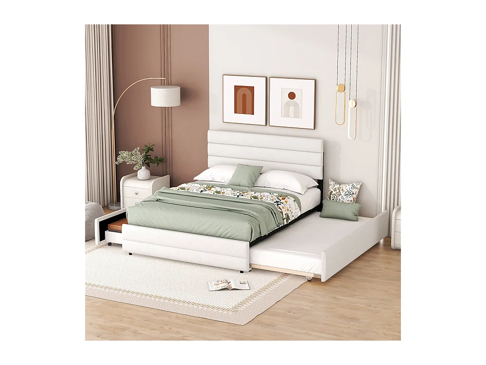 Lit adulte lit 140x200 cm avec brocheuse et deux tiroirs lit double lin beige