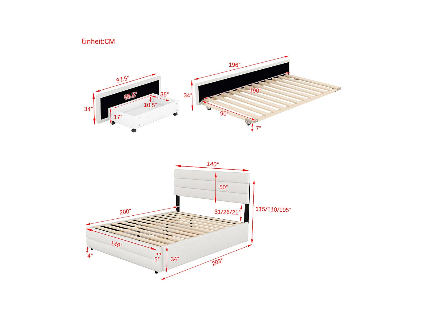Lit adulte lit 140x200 cm avec brocheuse et deux tiroirs lit double lin beige