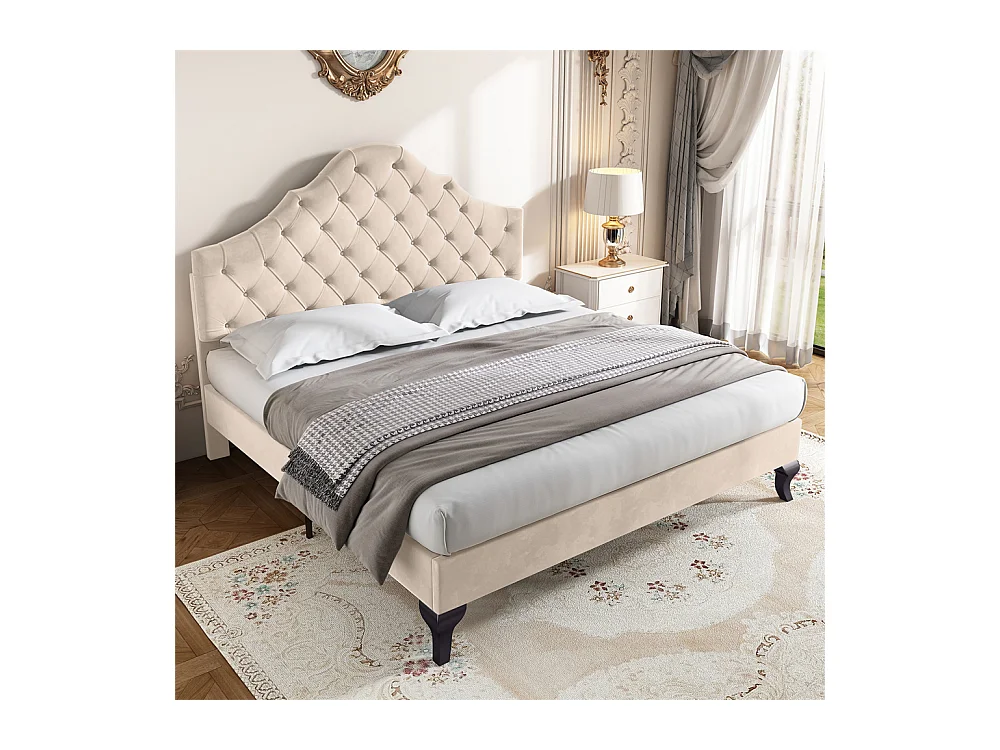 Gestoffeerd bed 140x190cm, met lattenbodem en hoofdbord, met in hoogte verstelbaar hoofdbord, fluweel, beige