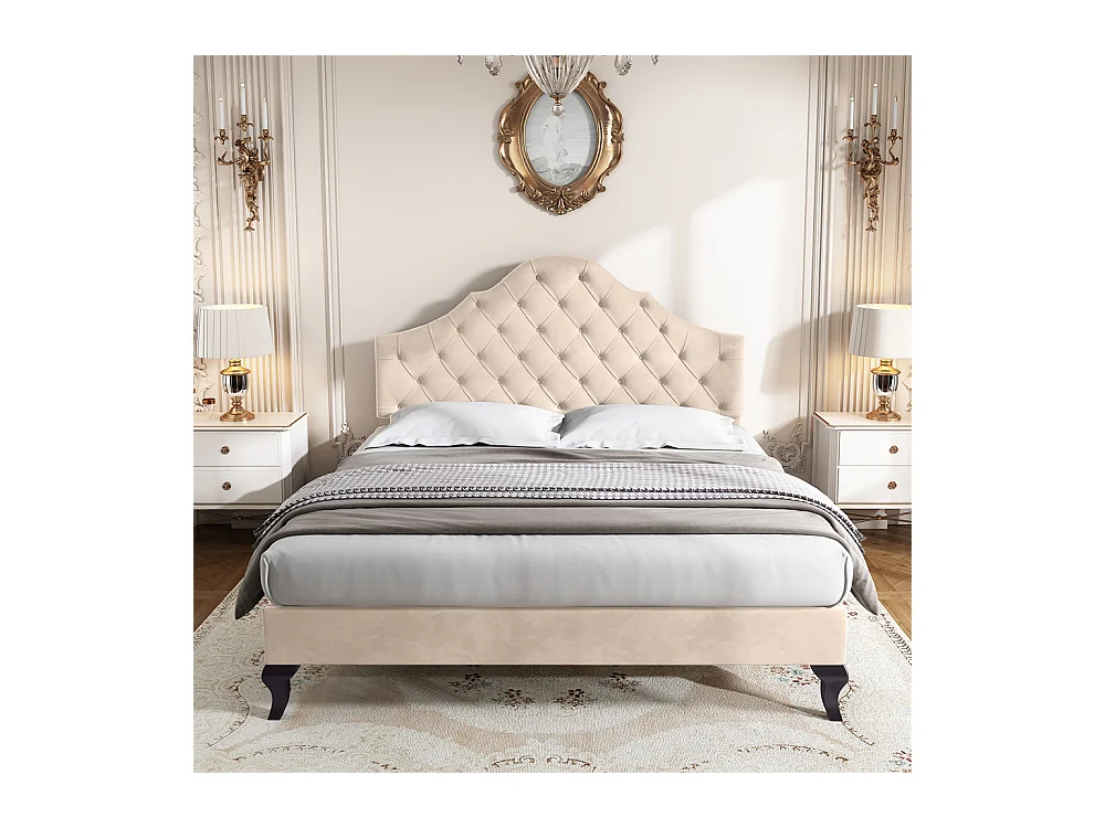 Gestoffeerd bed 140x190cm, met lattenbodem en hoofdbord, met in hoogte verstelbaar hoofdbord, fluweel, beige