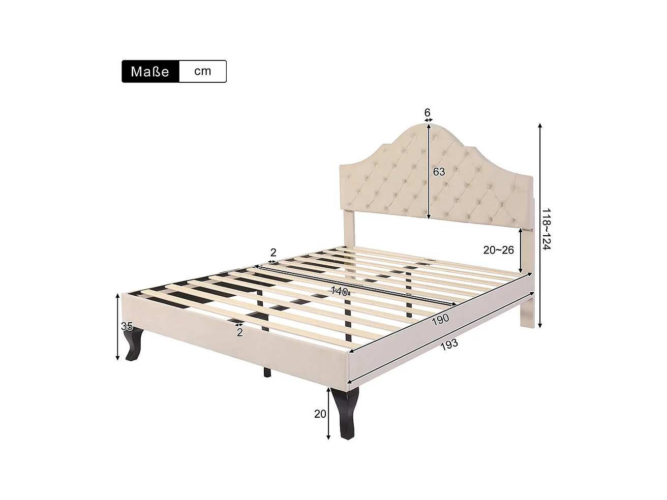 Gestoffeerd bed 140x190cm, met lattenbodem en hoofdbord, met in hoogte verstelbaar hoofdbord, fluweel, beige