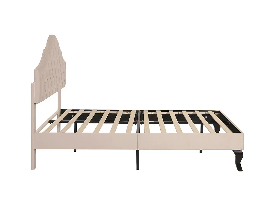 Gestoffeerd bed 140x190cm, met lattenbodem en hoofdbord, met in hoogte verstelbaar hoofdbord, fluweel, beige