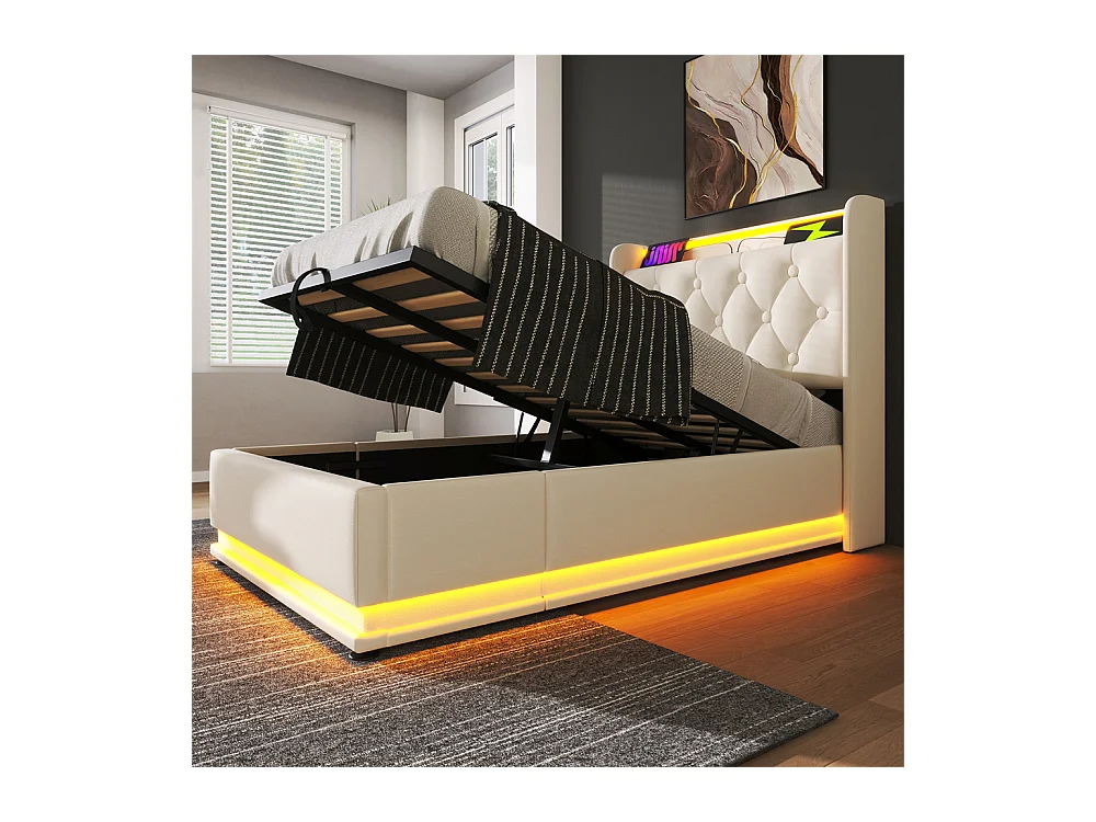 Volwassen bed 90x200 cm hydraulisch gewatteerd bed met hoofdsteun en USB type-C oplaadfunctie. Eenpersoons PU wit.