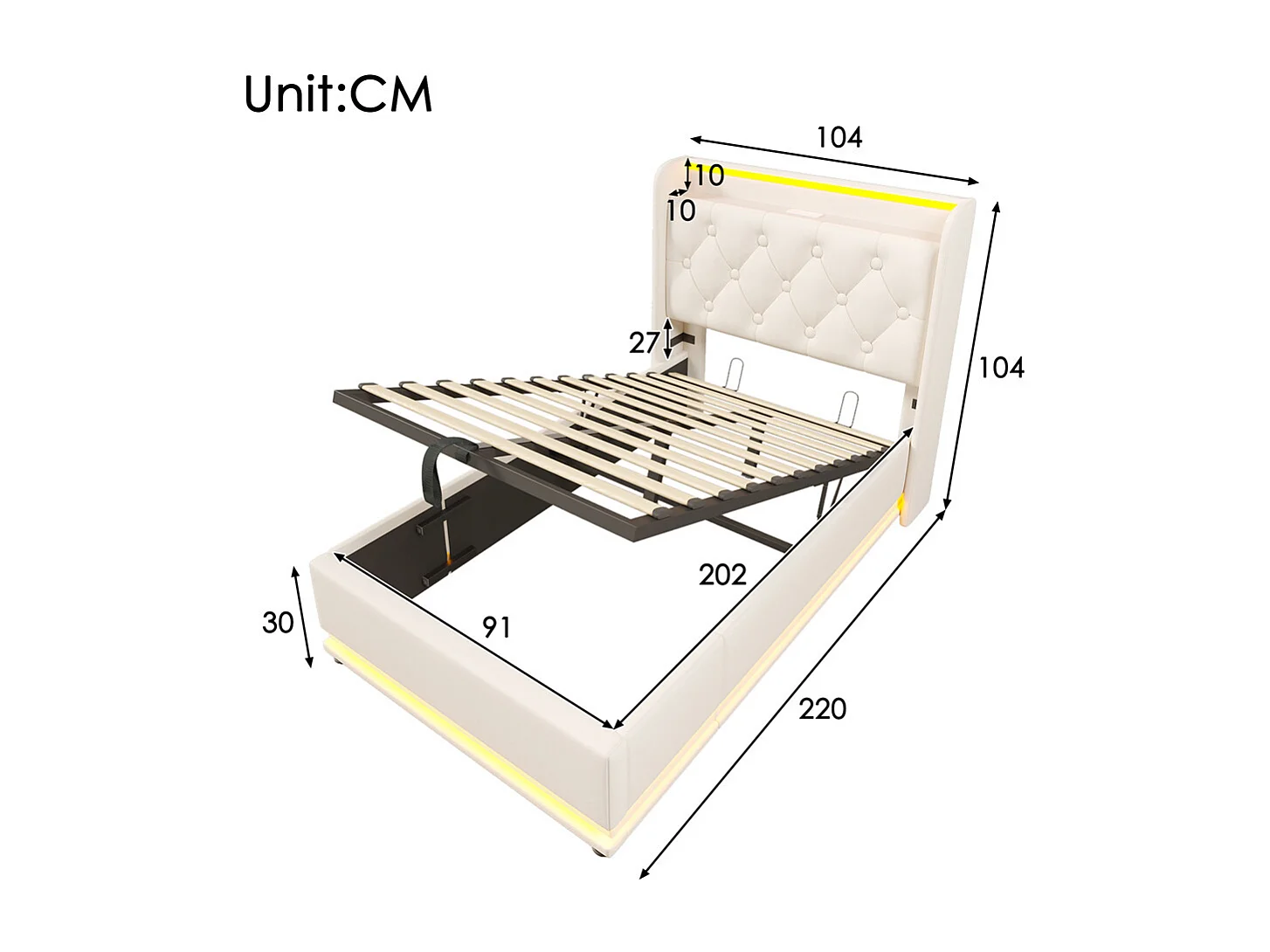 Volwassen bed 90x200 cm hydraulisch gewatteerd bed met hoofdsteun en USB type-C oplaadfunctie. Eenpersoons PU wit.