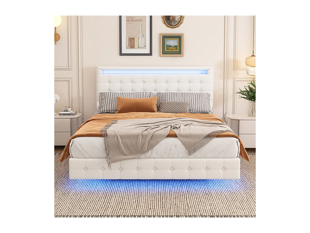 Lit adulte lit 140x200 cm avec lumière d'ambiance led lit double pu blanc
