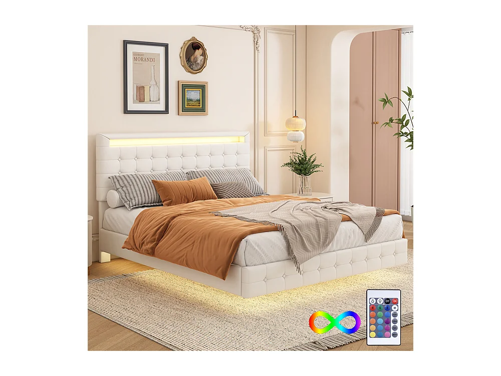 Lit adulte lit 140x200 cm avec lumière d'ambiance led lit double pu blanc