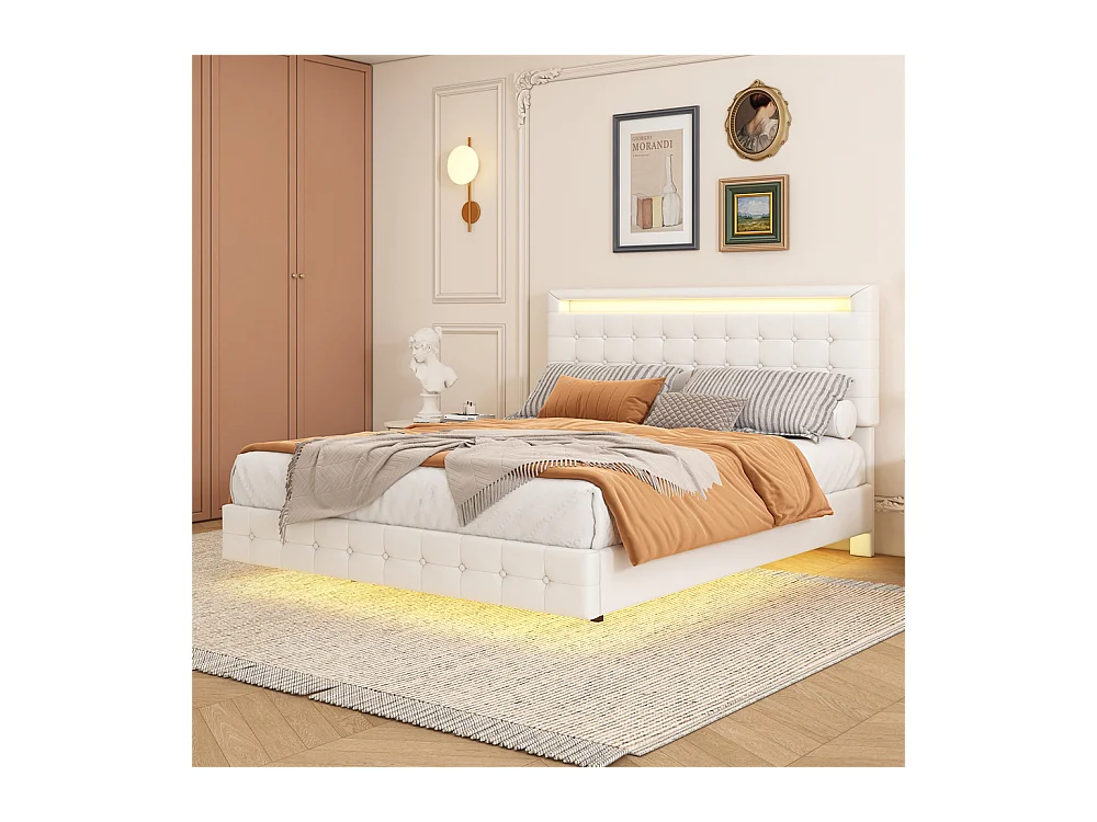 Lit adulte lit 140x200 cm avec lumière d'ambiance led lit double pu blanc