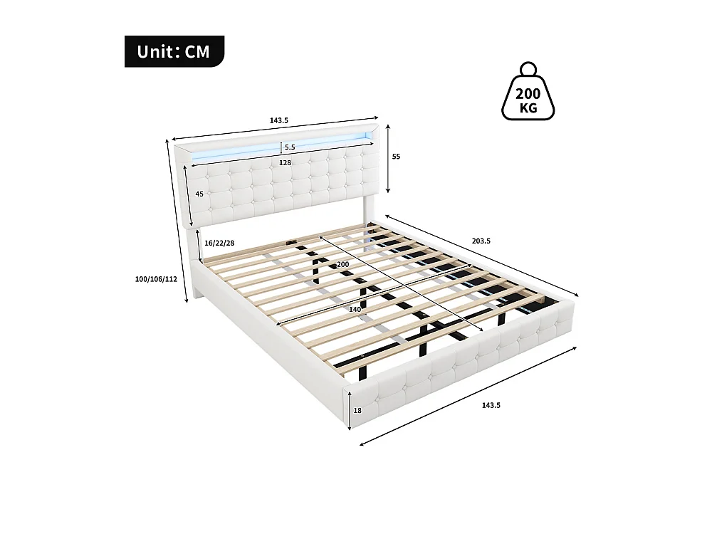 Lit adulte lit 140x200 cm avec lumière d'ambiance led lit double pu blanc