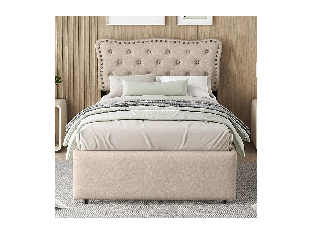 Volwassen bed 90x200 cm vlak bed gestoffeerd bed Eenpersoonsbed met lades donkerbeige linnen