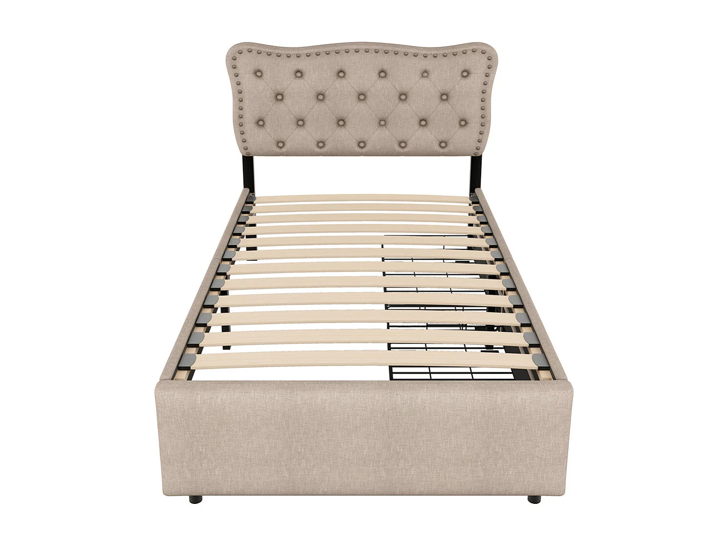 Volwassen bed 90x200 cm vlak bed gestoffeerd bed Eenpersoonsbed met lades donkerbeige linnen