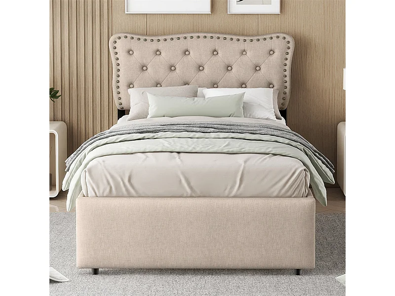 Volwassen bed 90x200 cm vlak bed gestoffeerd bed Eenpersoonsbed met lades donkerbeige linnen