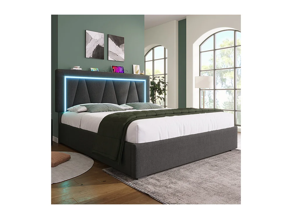 Lit rembourré lit coffre 140x200 cm lit de rangement lit eclairage led avec fonction de chargement usb type c lit double lin gris
