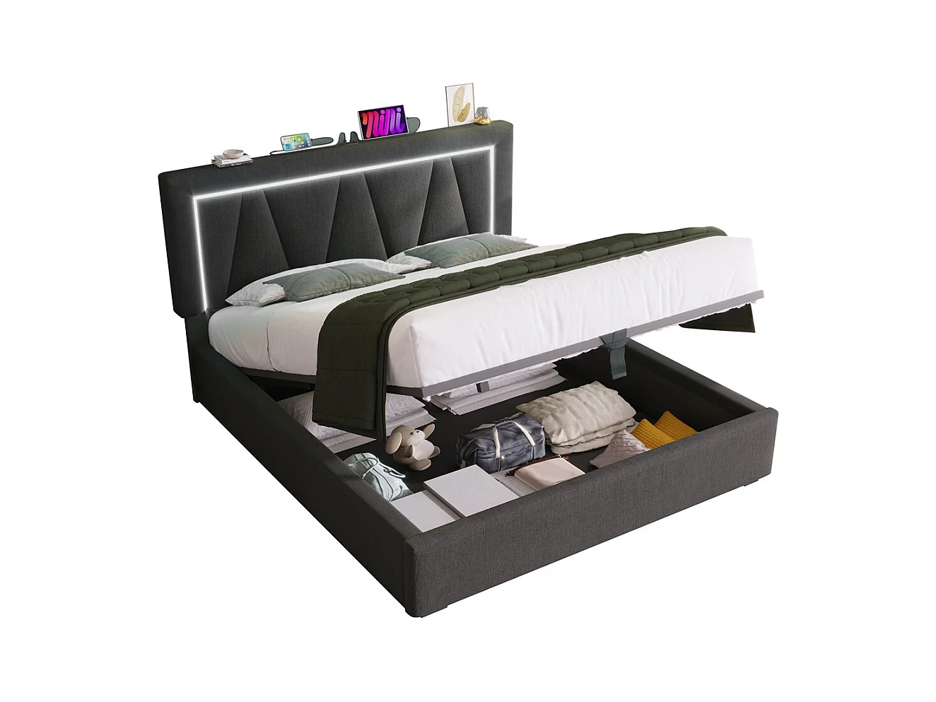 Lit rembourré lit coffre 140x200 cm lit de rangement lit eclairage led avec fonction de chargement usb type c lit double lin gris