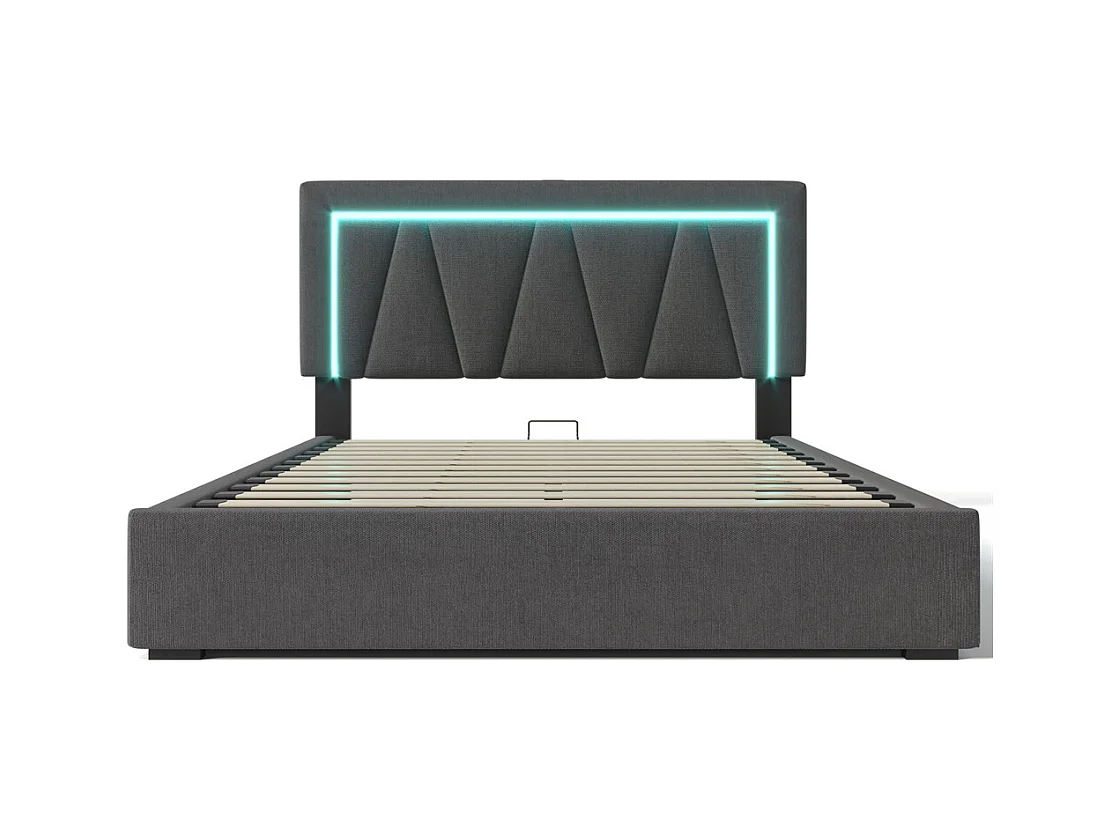 Lit rembourré lit coffre 140x200 cm lit de rangement lit eclairage led avec fonction de chargement usb type c lit double lin gris