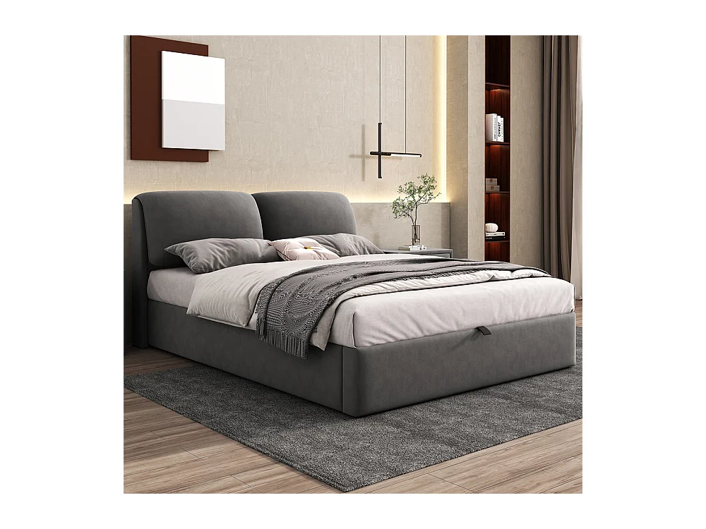 Hydraulisch gestoffeerd bed, opbergbed 140x200 cm, bed met drie laden, bedframe en lattenbodem, grijs fluweel