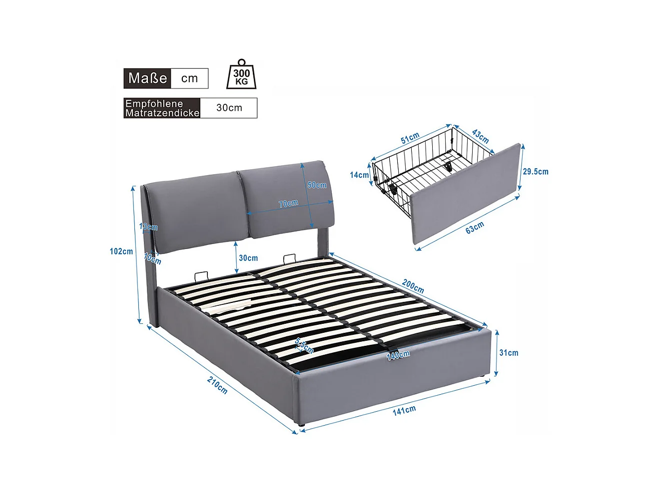 Hydraulisch gestoffeerd bed, opbergbed 140x200 cm, bed met drie laden, bedframe en lattenbodem, grijs fluweel