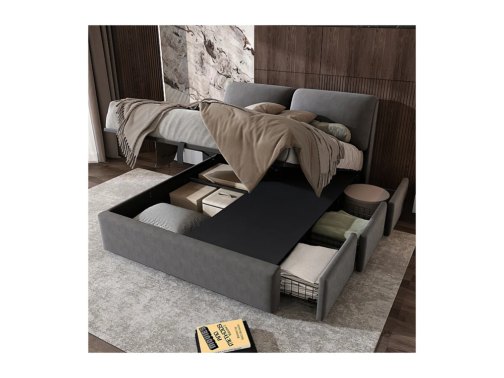 Hydraulisch gestoffeerd bed, opbergbed 140x200 cm, bed met drie laden, bedframe en lattenbodem, grijs fluweel
