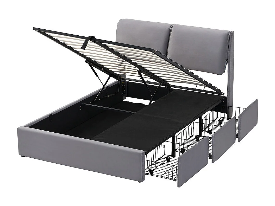 Hydraulisch gestoffeerd bed, opbergbed 140x200 cm, bed met drie laden, bedframe en lattenbodem, grijs fluweel