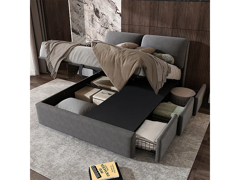 Hydraulisch gestoffeerd bed, opbergbed 140x200 cm, bed met drie laden, bedframe en lattenbodem, grijs fluweel