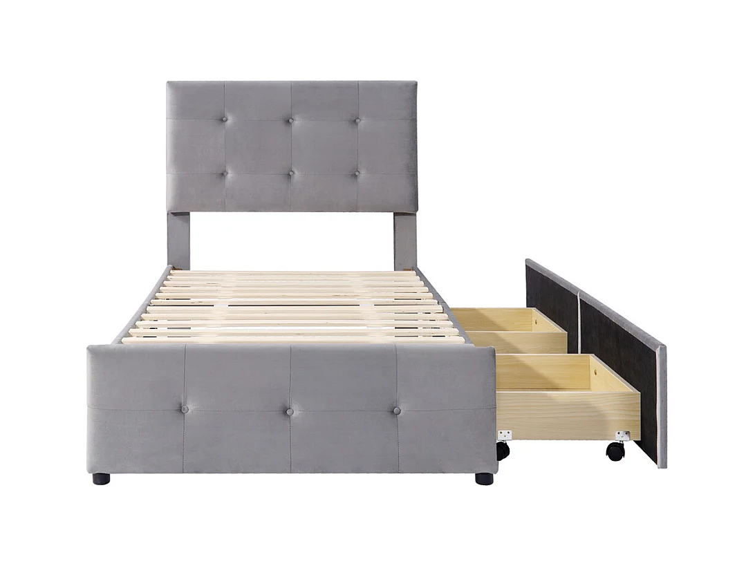 Volwassen bed 90x200 cm bed gestoffeerd bed 2 laden bed lattenbodem Eenpersoonsbed in grijze fluwelen stof