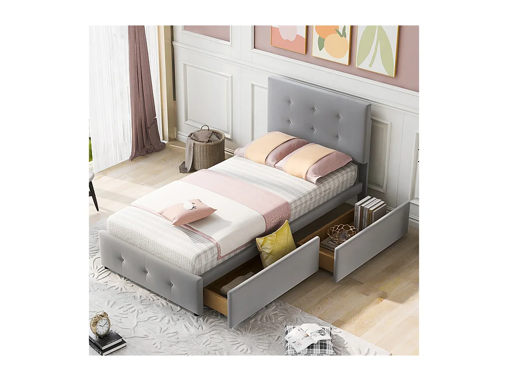 Volwassen bed 90x200 cm bed gestoffeerd bed 2 laden bed lattenbodem Eenpersoonsbed in grijze fluwelen stof