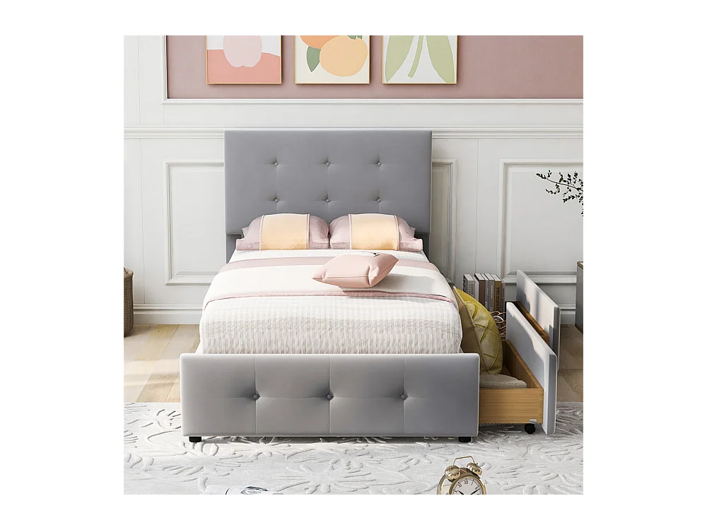 Volwassen bed 90x200 cm bed gestoffeerd bed 2 laden bed lattenbodem Eenpersoonsbed in grijze fluwelen stof