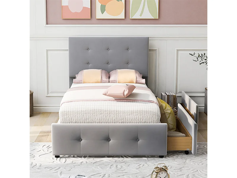 Volwassen bed 90x200 cm bed gestoffeerd bed 2 laden bed lattenbodem Eenpersoonsbed in grijze fluwelen stof