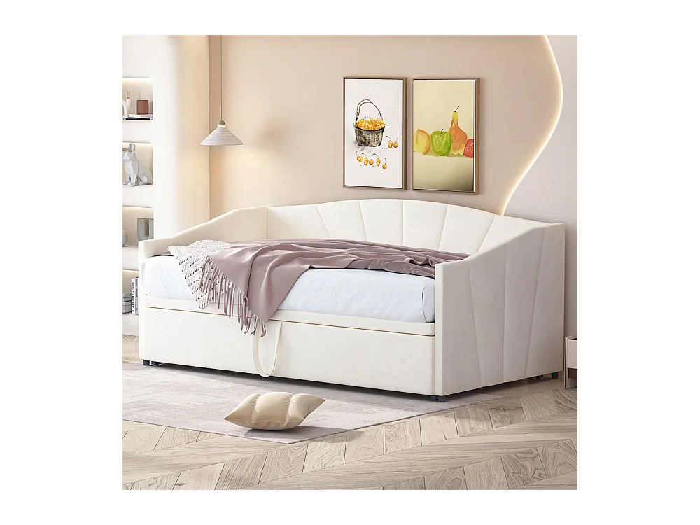 Gestoffeerd bed 90/180 x 200 cm, slaapbank met lattenbodem, multifunctioneel bed, fluwelen stof, beige