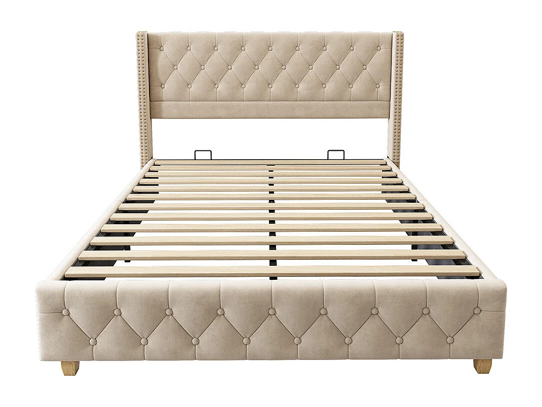 Volwassen bed 160x200 cm bed gewatteerd bed geklonken gestoffeerd bed houten poten lichtbeige fluweel