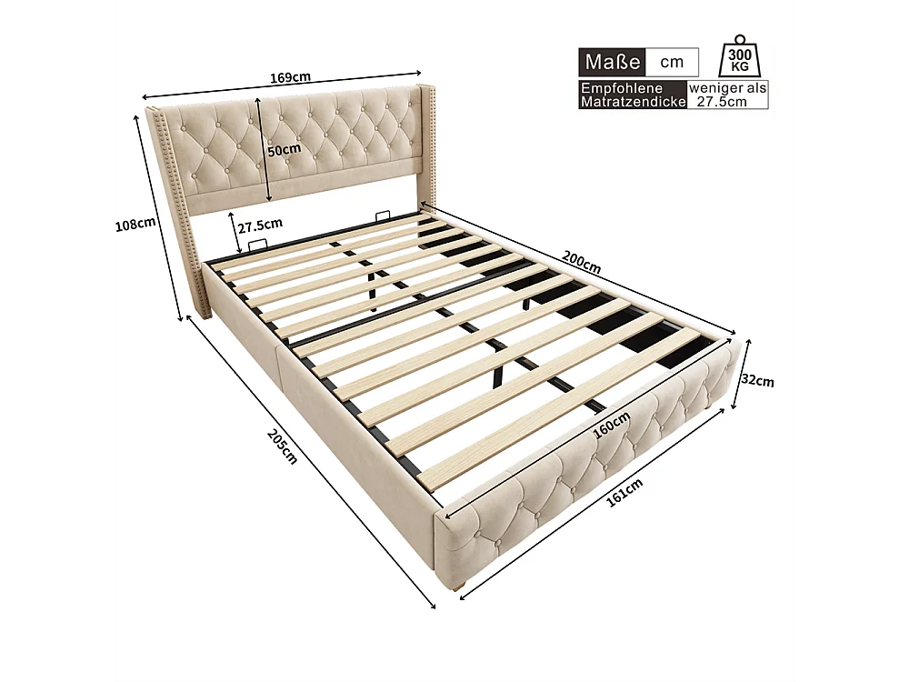 Volwassen bed 160x200 cm bed gewatteerd bed geklonken gestoffeerd bed houten poten lichtbeige fluweel