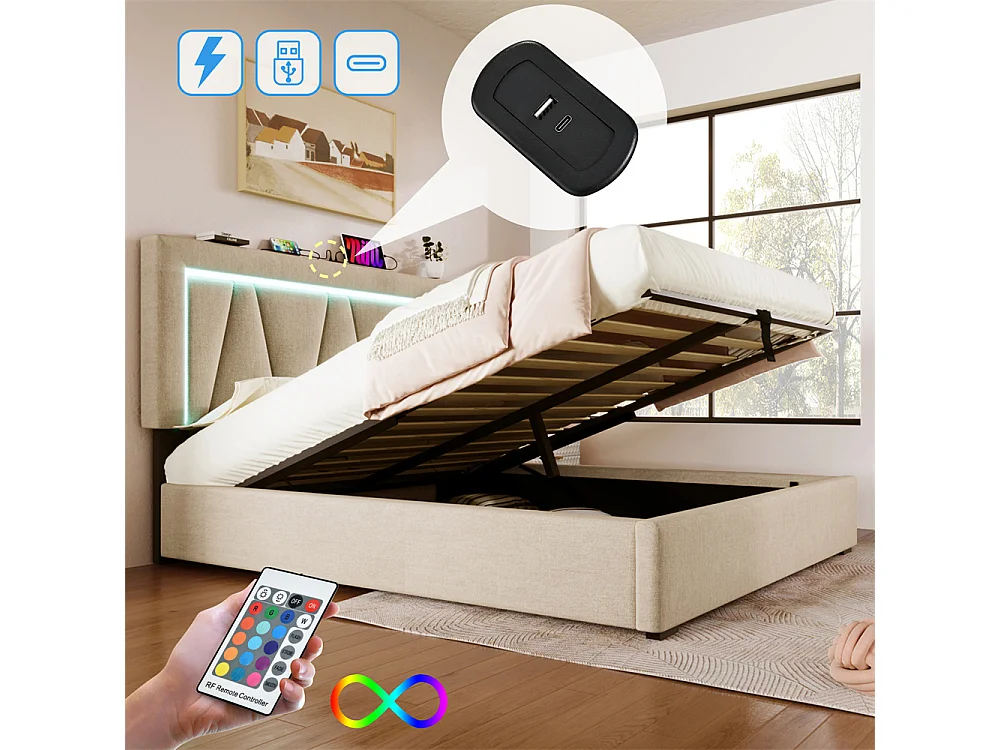 Gestoffeerd LED-bed 140x200cm, opbergbed met USB type C-oplaadfunctie en LED-verlichting, lattenbodem, linnen, beige