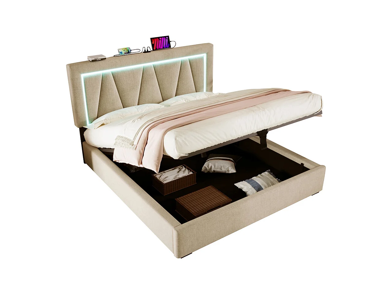 Gestoffeerd LED-bed 140x200cm, opbergbed met USB type C-oplaadfunctie en LED-verlichting, lattenbodem, linnen, beige