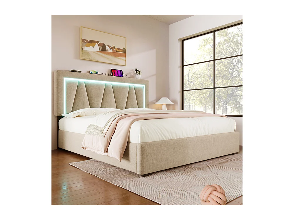 Gestoffeerd LED-bed 140x200cm, opbergbed met USB type C-oplaadfunctie en LED-verlichting, lattenbodem, linnen, beige