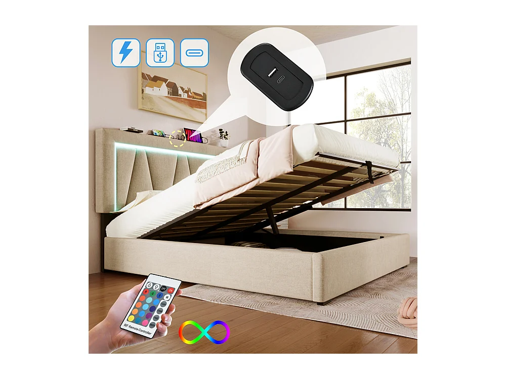 Gestoffeerd LED-bed 140x200cm, opbergbed met USB type C-oplaadfunctie en LED-verlichting, lattenbodem, linnen, beige