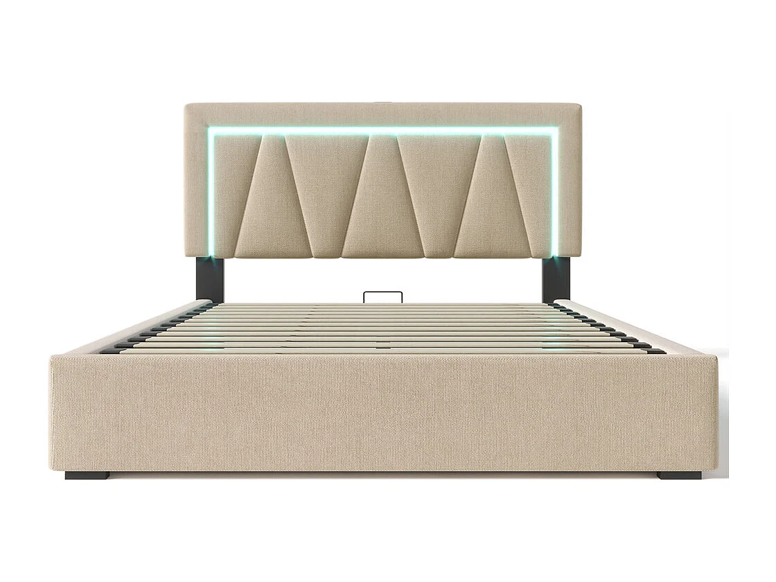 Gestoffeerd LED-bed 140x200cm, opbergbed met USB type C-oplaadfunctie en LED-verlichting, lattenbodem, linnen, beige