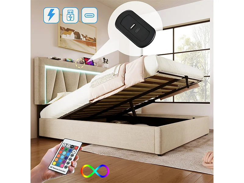 Gestoffeerd LED-bed 140x200cm, opbergbed met USB type C-oplaadfunctie en LED-verlichting, lattenbodem, linnen, beige