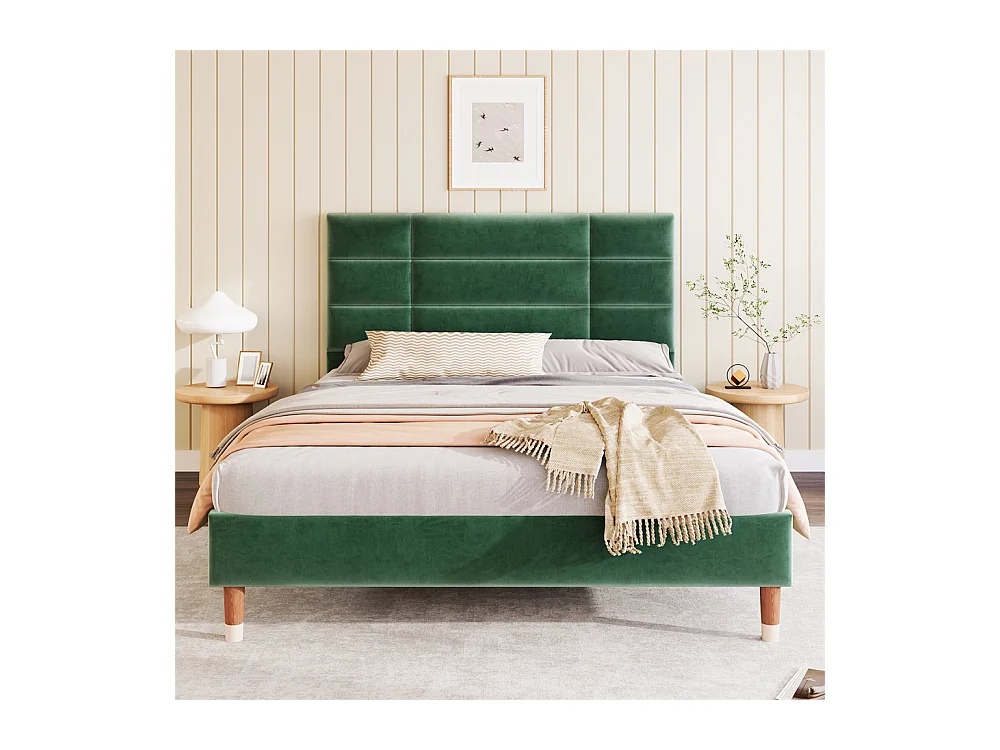 Volwassen bed 140x200 cm bed gestoffeerd bed lattenbodem tweepersoonsbed groen fluweel