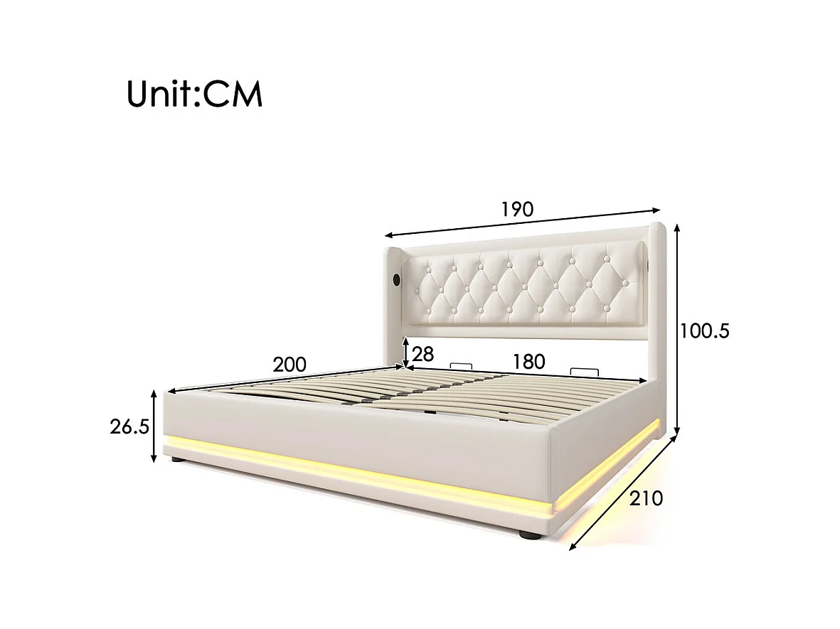 Hydraulisch gestoffeerd bed 180x200cm opbergbed tweepersoonsbed met usb type-c oplaadfunctie pu hoofdeinde wit