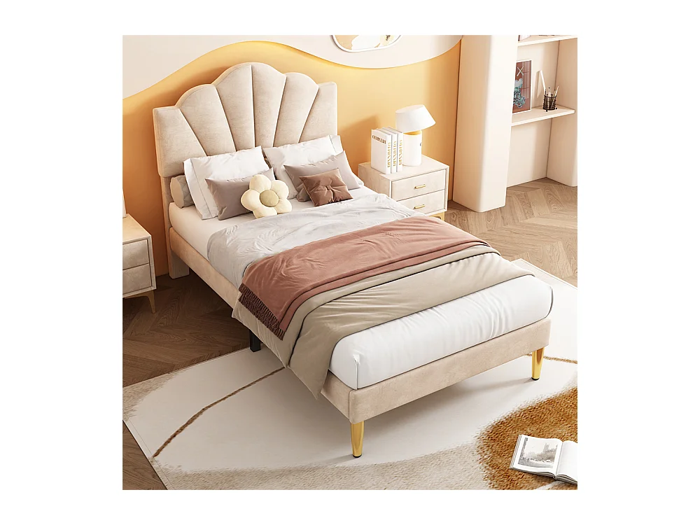 Lit rembourré Single 90x200 cm avec sommier à lattes - tête de lit réglable - tissu en velours - beige