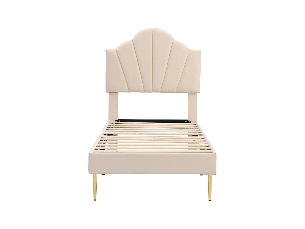 Lit rembourré Single 90x200 cm avec sommier à lattes - tête de lit réglable - tissu en velours - beige