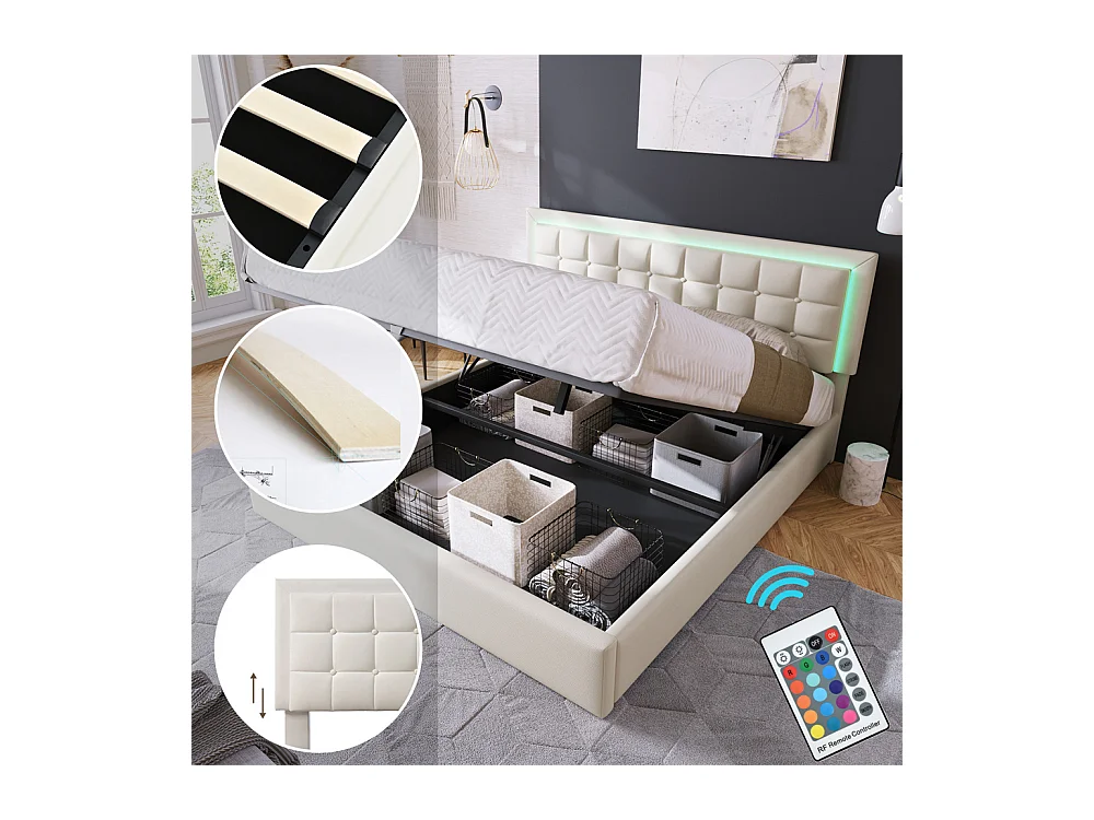 Lit adulte lit 160x200 cm lit rembourré lit de rangement lit sommier à lattes lit barre d'éclairage led lit double cuir pu blanc