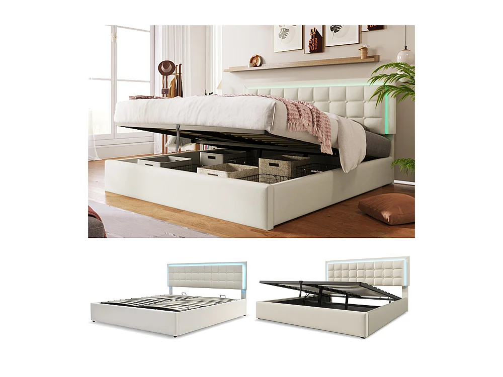 Lit adulte lit 160x200 cm lit rembourré lit de rangement lit sommier à lattes lit barre d'éclairage led lit double cuir pu blanc