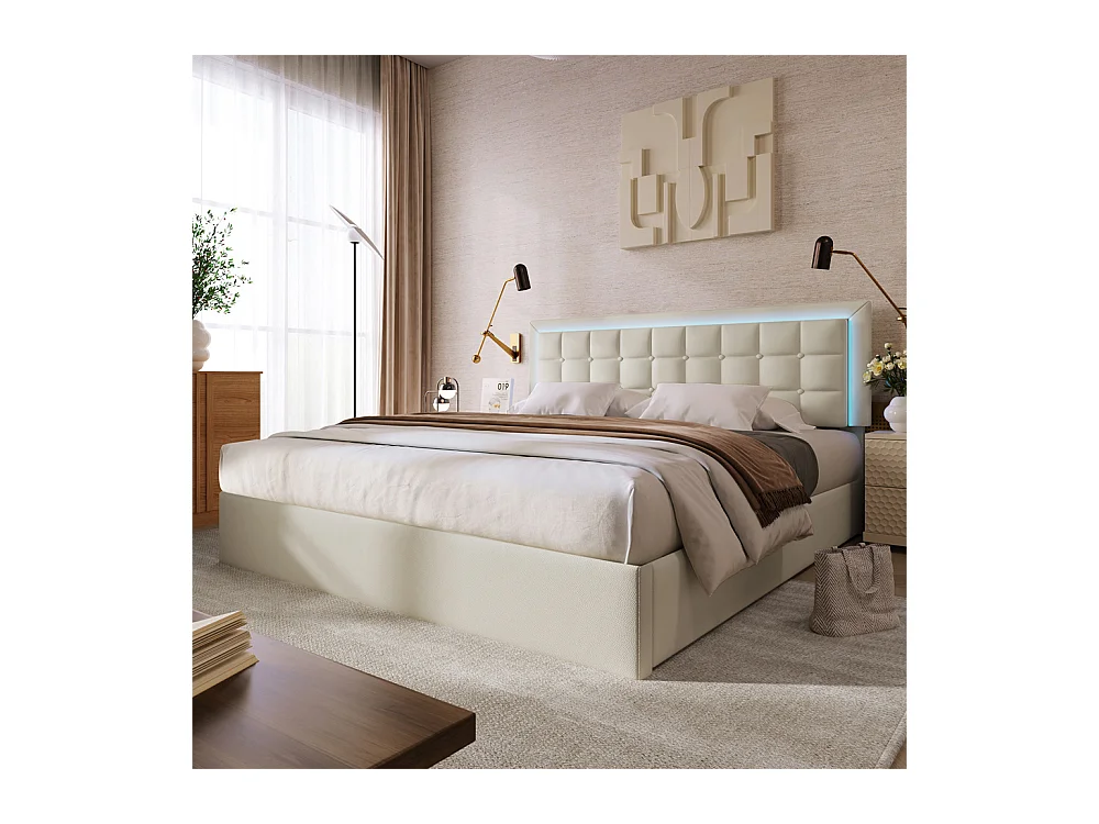 Lit adulte lit 160x200 cm lit rembourré lit de rangement lit sommier à lattes lit barre d'éclairage led lit double cuir pu blanc
