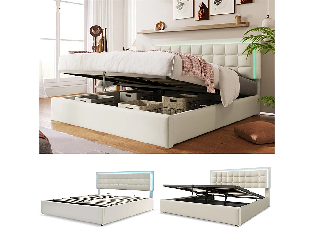 Lit adulte lit 160x200 cm lit rembourré lit de rangement lit sommier à lattes lit barre d'éclairage led lit double cuir pu blanc