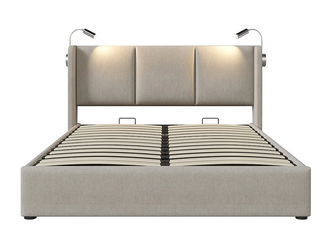 Gestoffeerd bed 140x200 cm, bed met opbergruimte, tweepersoonsbed met lattenbodem en leeslamp, linnen, beige, zonder matras