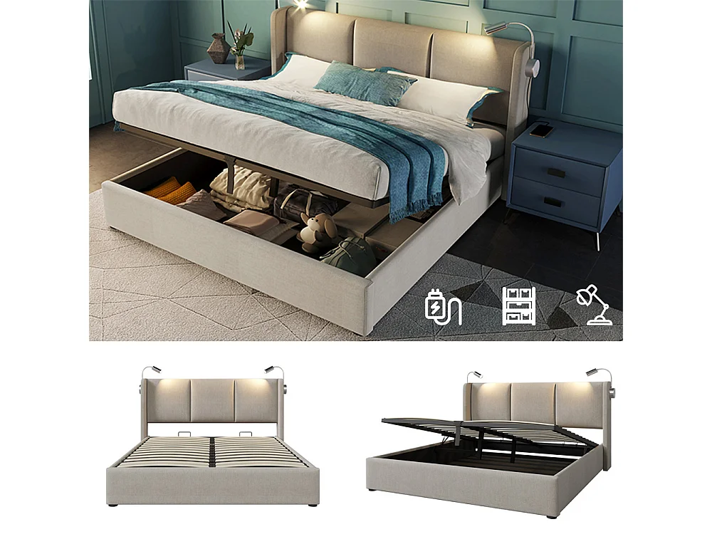 Gestoffeerd bed 140x200 cm, bed met opbergruimte, tweepersoonsbed met lattenbodem en leeslamp, linnen, beige, zonder matras