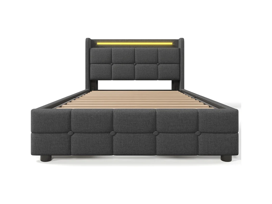 Lit rembourré 90x200cm lit de rangement lit 2 tiroirs lit éclairage led lit sommier à lattes en bois Single lin gris