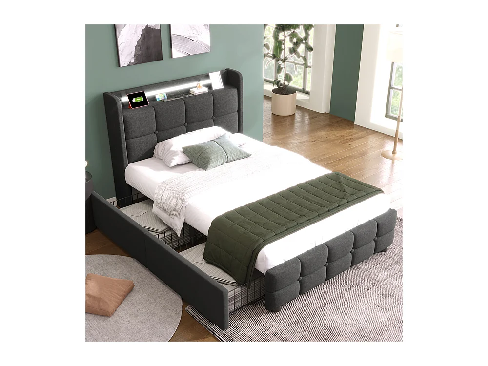 Lit rembourré 90x200cm lit de rangement lit 2 tiroirs lit éclairage led lit sommier à lattes en bois Single lin gris