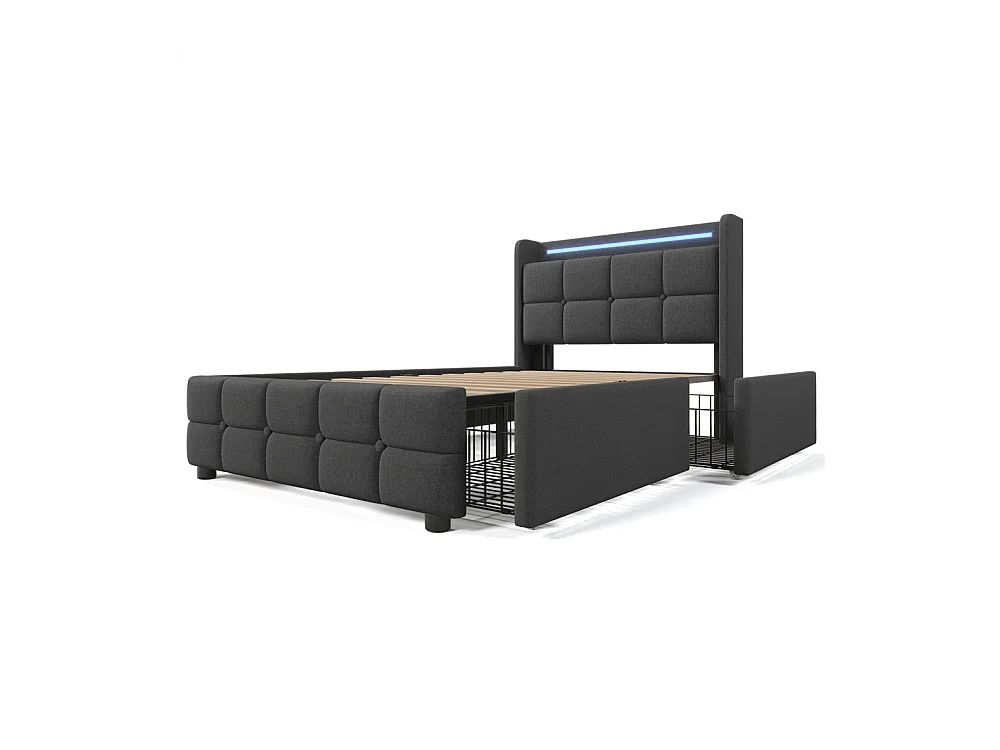 Lit rembourré 90x200cm lit de rangement lit 2 tiroirs lit éclairage led lit sommier à lattes en bois Single lin gris