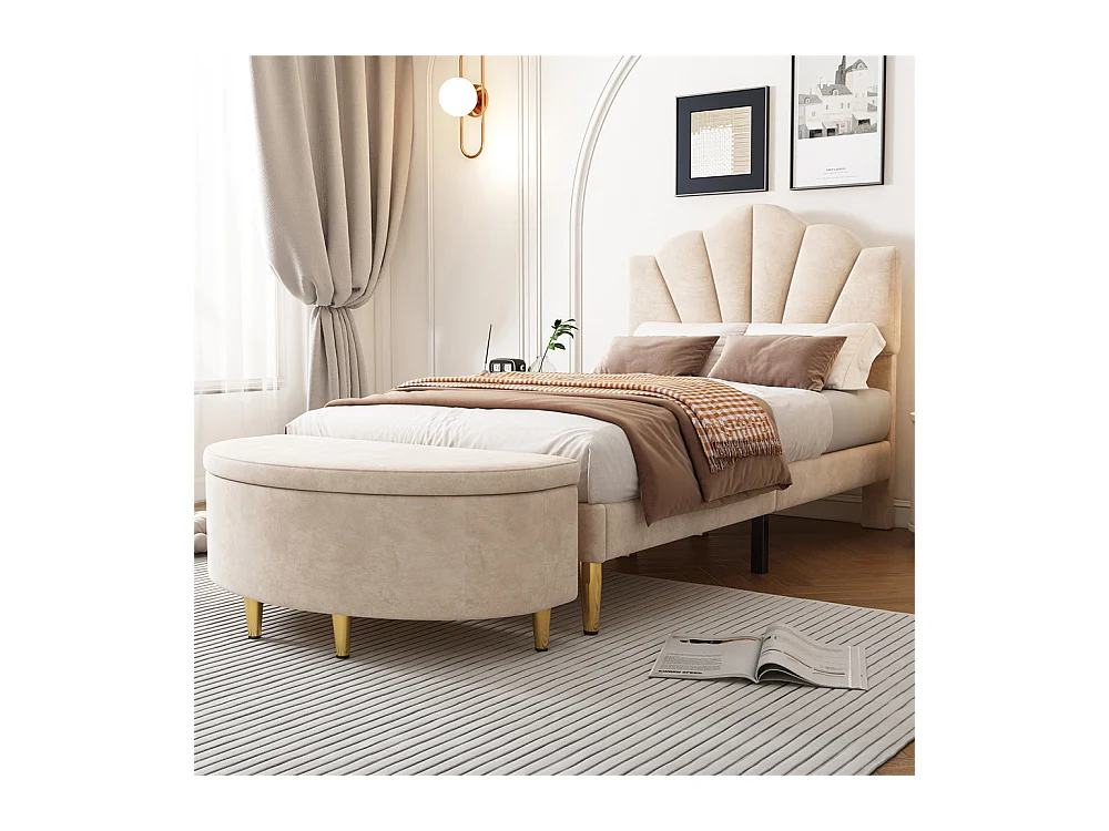 Lit rembourré 90x200cm lit sommier à lattes en bois lit des pieds de fer dorés lit de rangement banc Single velours beige